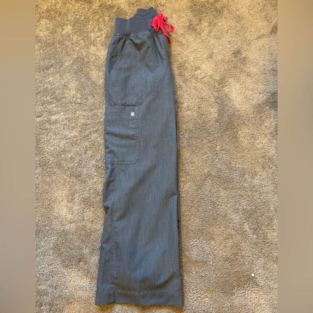 Figs Women's Gray Cargo Scrub Pants with Pink Drawstring